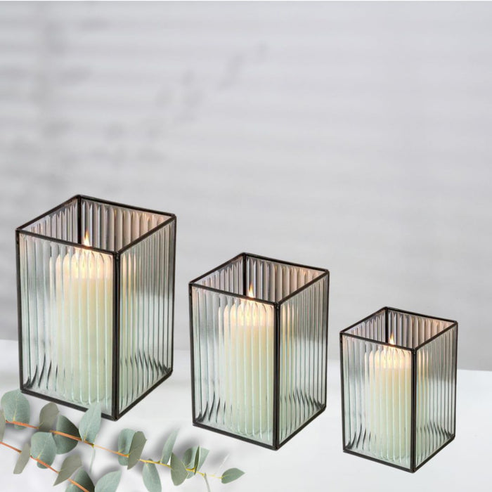 Set of 3 Glass Ribbed Hurricane Candle Holders-Set of 3-Koyal Wholesale-Gold-