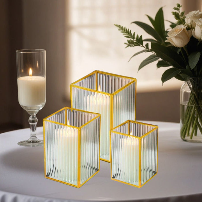 Set of 3 Glass Ribbed Hurricane Candle Holders-Set of 3-Koyal Wholesale-Gold-