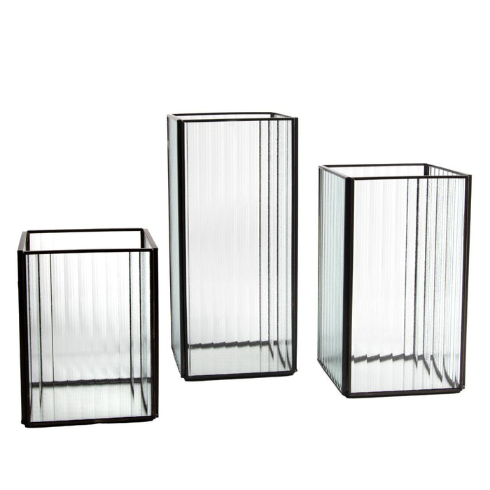 Set of 3 Glass Ribbed Hurricane Candle Holders-Set of 3-Koyal Wholesale-Black-