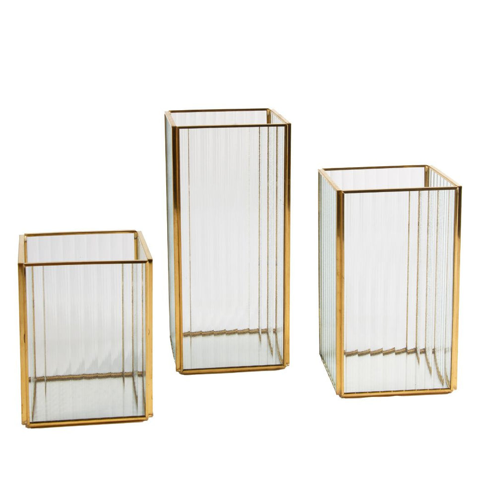 Set of 3 Glass Ribbed Hurricane Candle Holders-Set of 3-Koyal Wholesale-Gold-