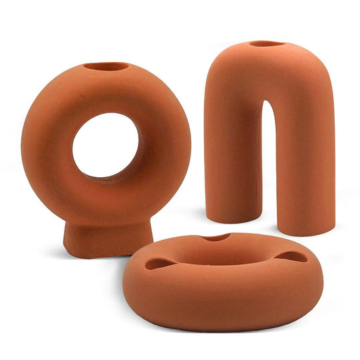 Set of 3 Modern Abstract Taper Candle Holder Set-Set of 3-Koyal Wholesale-Terracotta-