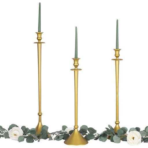 Set of 3 Tall Metal Taper Candlestick Holders with Pillar Candle Tray for Centerpiece Table Decorative-Set of 3-Koyal Wholesale-Gold-