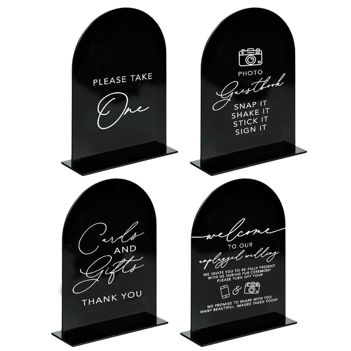 Set of 4 Arch Acrylic Wedding Signs with Stands for Ceremony, Reception, Guestbook, Cards, and Gifts-Set of 4-Andaz Press-Black Acrylic Signs-