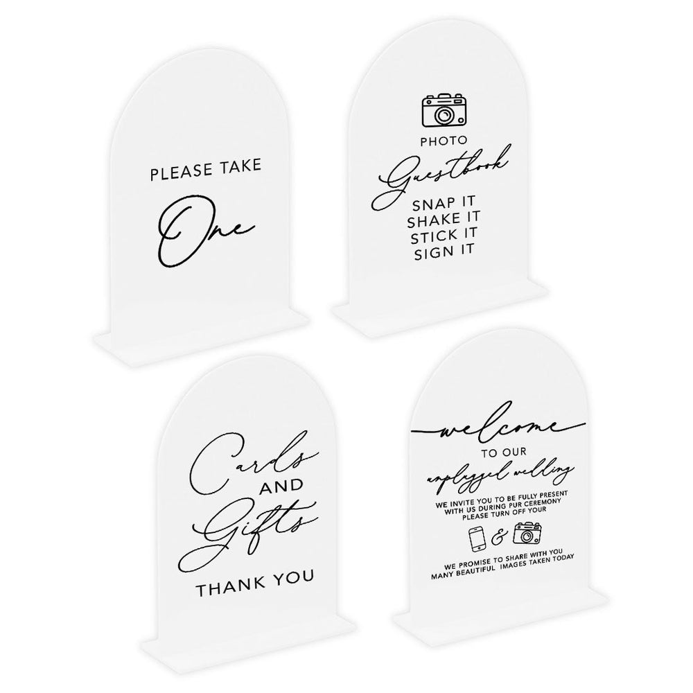 Set of 4 Arch Acrylic Wedding Signs with Stands for Ceremony, Reception, Guestbook, Cards, and Gifts-Set of 4-Andaz Press-White Acrylic Signs-