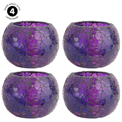 Set of 4 Round Mosaic Votive Candle Holder for Table Centerpiece, Home Decor, Special Occassions and Gifts-Set of 4-Koyal Wholesale-Purple-