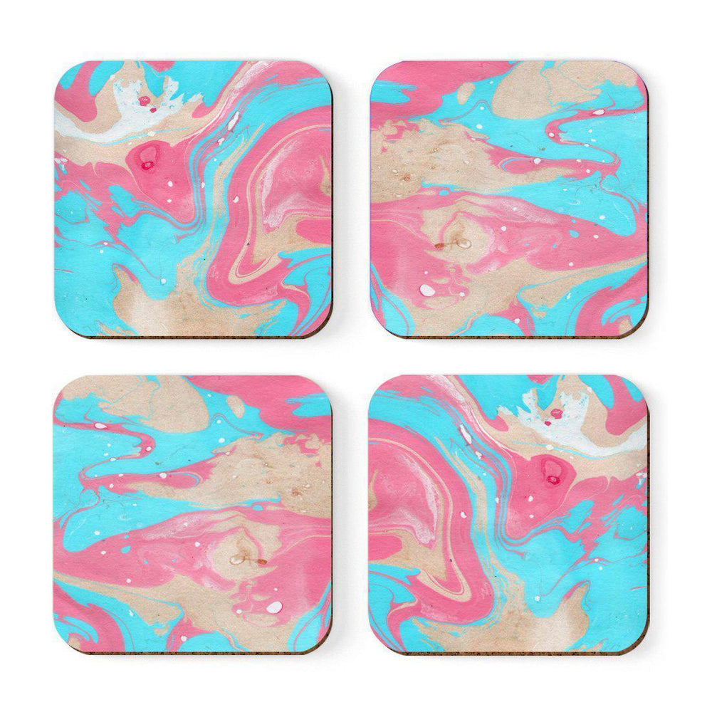 Set of 4 Square Drink Coffee Coasters Gift Set, Textures-Set of 4-Andaz Press-Marble Coral Aqua-