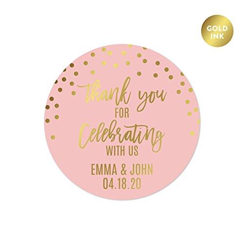 Set of 40 Blush Pink and Metallic Gold Confetti Polka Dots Wedding Personalized Round Circle Label Stickers, Thank You for Celebrating with US-Set of 40-Andaz Press-