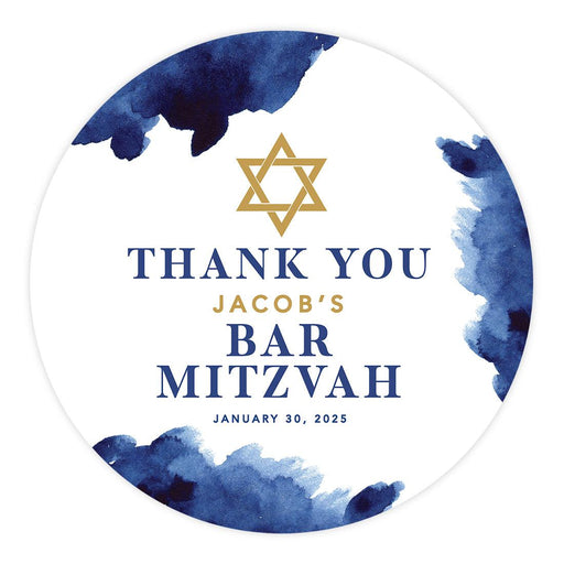 Set of 40 Custom Round Bar/Bat Mitzvah Thank You Sticker Labels-Set of 40-Andaz Press-Watercolor Blue-