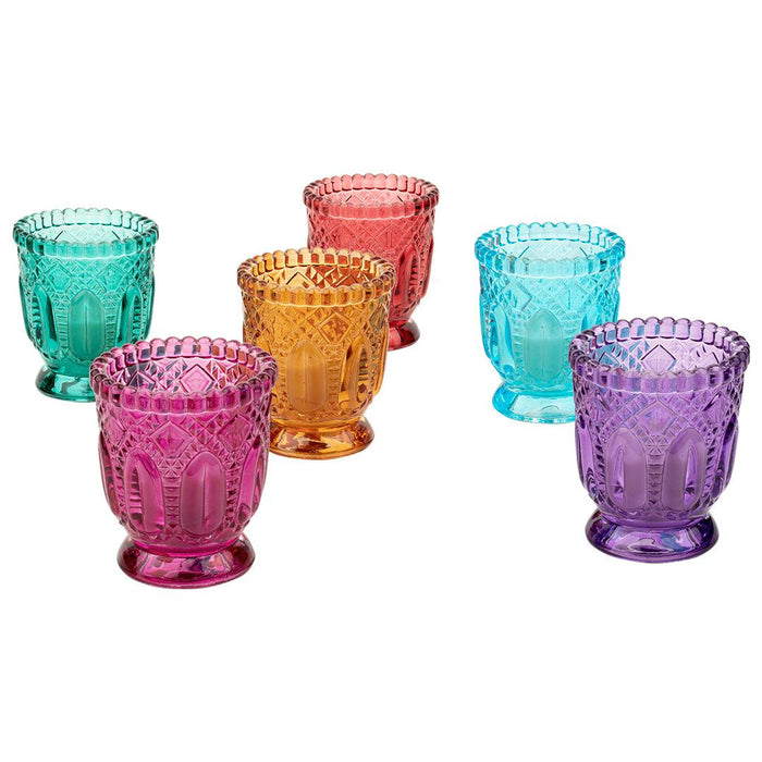 Set of 6 Jewel Tone Vintage Glass Candle Holders-Set of 6-Koyal Wholesale-