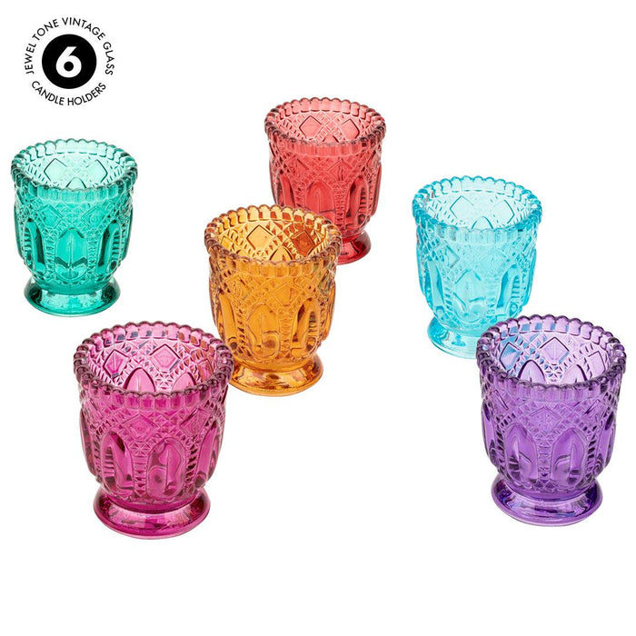 Set of 6 Jewel Tone Vintage Glass Candle Holders-Set of 6-Koyal Wholesale-