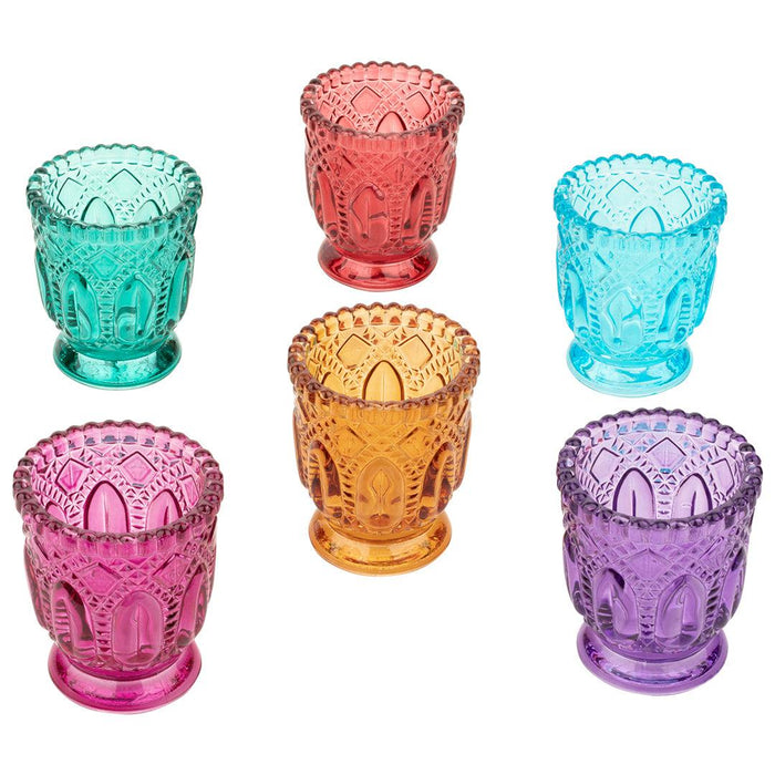 Set of 6 Jewel Tone Vintage Glass Candle Holders-Set of 6-Koyal Wholesale-