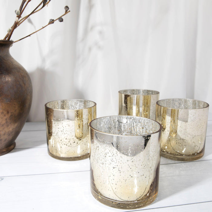 Set of 6 Mercury Glass Cylinder Vase | Short Floating Candle Centerpiece Hurricanes-Set of 6-Koyal Wholesale-Gold-4 x 4-