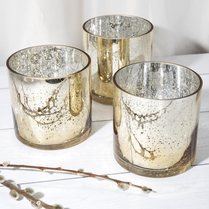 Set of 6 Mercury Glass Cylinder Vase | Short Floating Candle Centerpiece Hurricanes-Set of 6-Koyal Wholesale-Gold-4 x 4-