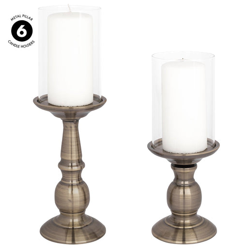 Set of 6 Metal Pillar Candle Holders with Hurricane Glass Included-Set of 6-Koyal Wholesale-Antique Brass-