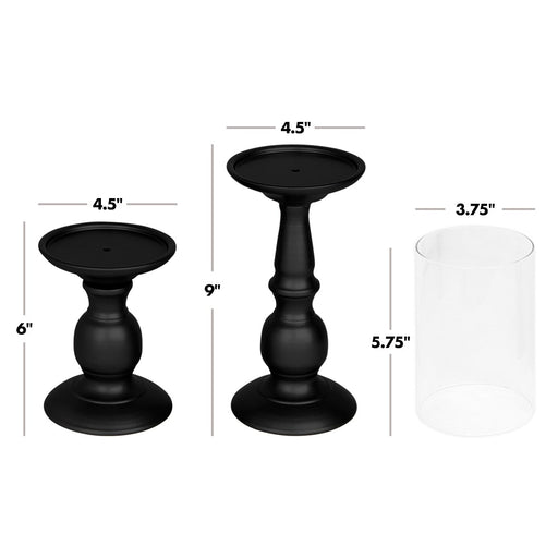 Set of 6 Metal Pillar Candle Holders with Hurricane Glass Included-Set of 6-Koyal Wholesale-Matte Black-