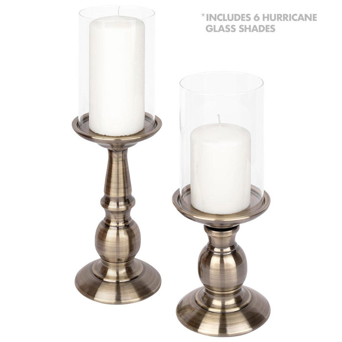 Set of 6 Metal Pillar Candle Holders with Hurricane Glass Included-Set of 6-Koyal Wholesale-Antique Brass-