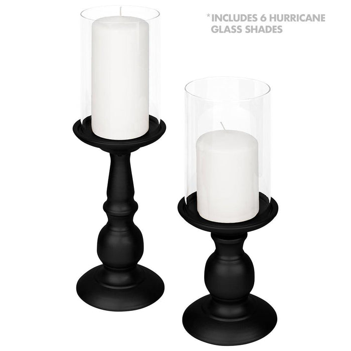 Set of 6 Metal Pillar Candle Holders with Hurricane Glass Included-Set of 6-Koyal Wholesale-Matte Black-