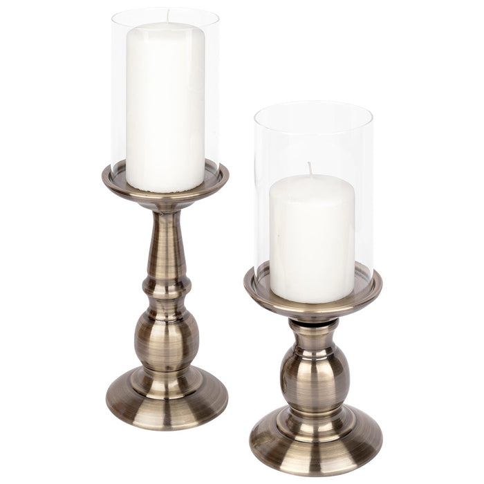 Set of 6 Metal Pillar Candle Holders with Hurricane Glass Included-Set of 6-Koyal Wholesale-Antique Brass-