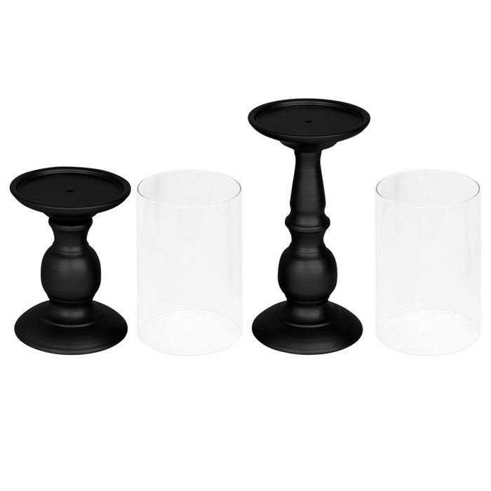 Set of 6 Metal Pillar Candle Holders with Hurricane Glass Included-Set of 6-Koyal Wholesale-Matte Black-