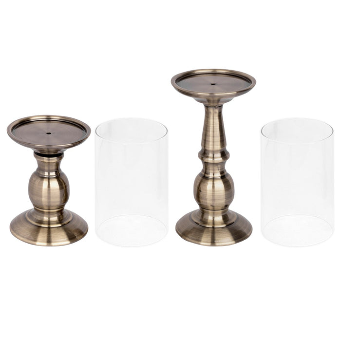 Set of 6 Metal Pillar Candle Holders with Hurricane Glass Included-Set of 6-Koyal Wholesale-Antique Brass-