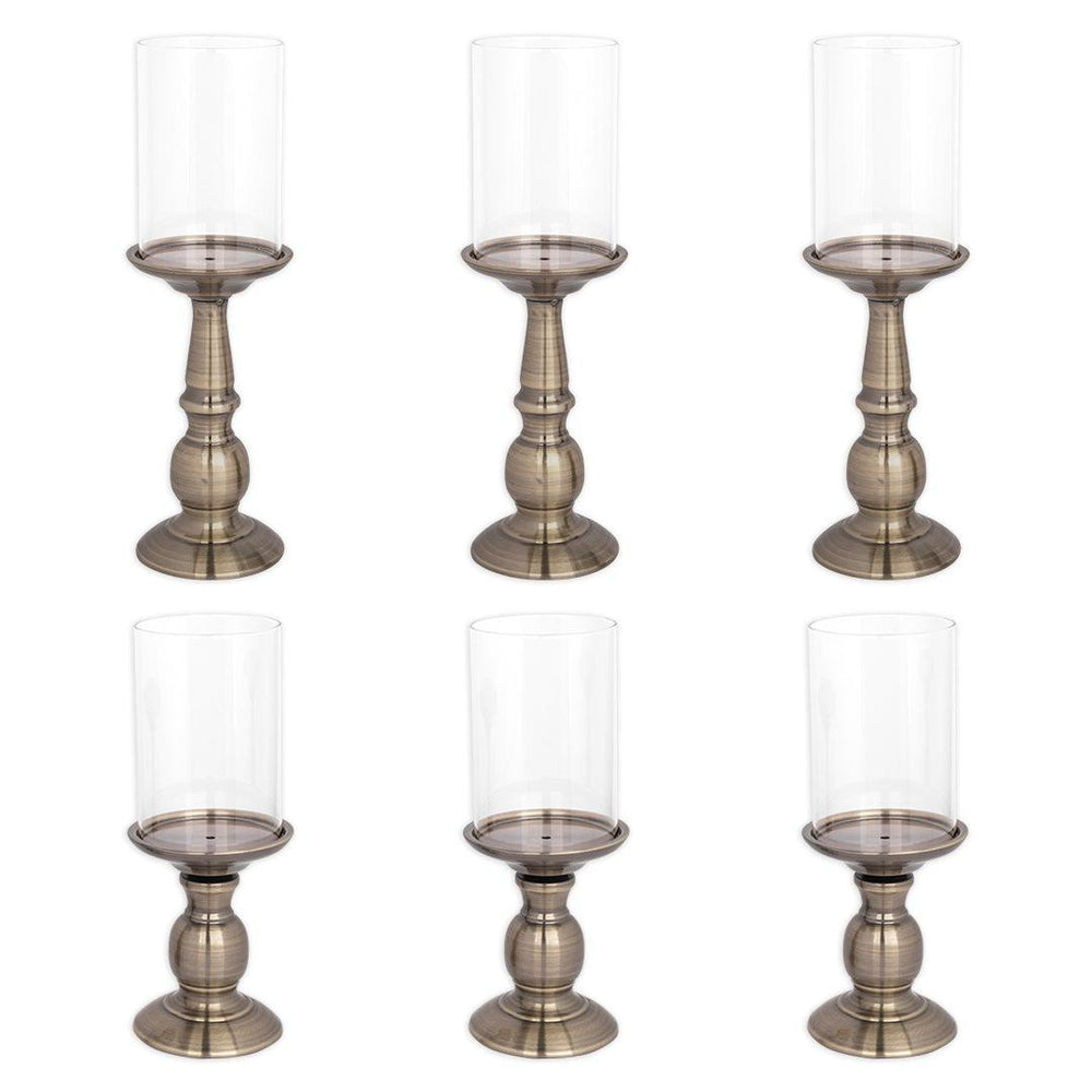 Set of 6 Metal Pillar Candle Holders with Hurricane Glass Included-Set of 6-Koyal Wholesale-Antique Brass-