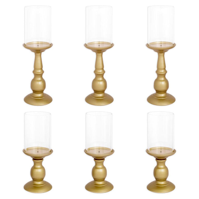 Set of 6 Metal Pillar Candle Holders with Hurricane Glass Included-Set of 6-Koyal Wholesale-Matte Gold-