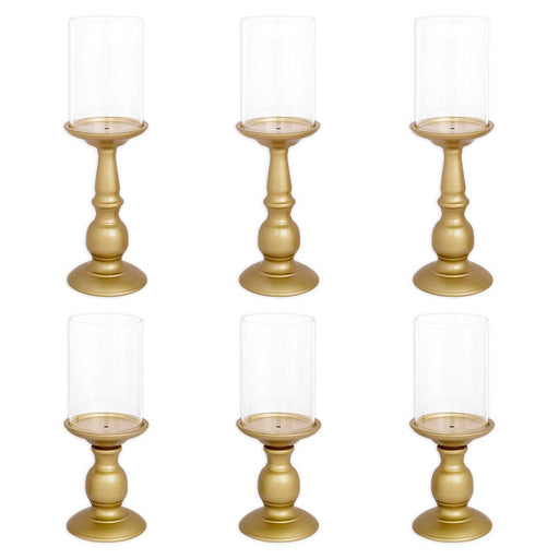 Set of 6 Metal Pillar Candle Holders with Hurricane Glass Included-Set of 6-Koyal Wholesale-Matte Gold-