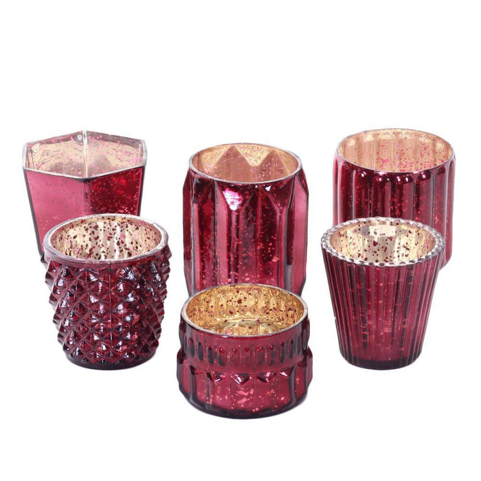 Set of 6 Mixed Mercury Glass Candle Holders-Set of 6-Koyal Wholesale-Burgundy-