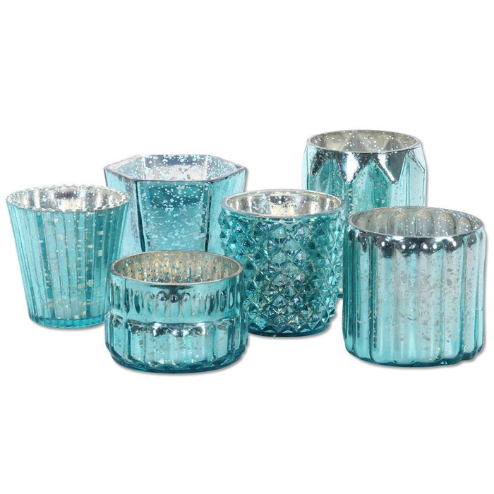 Set of 6 Mixed Mercury Glass Candle Holders-Set of 6-Koyal Wholesale-Diamond Blue-