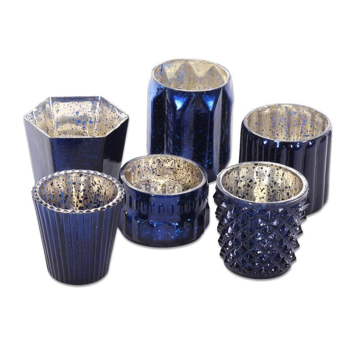 Set of 6 Mixed Mercury Glass Candle Holders-Set of 6-Koyal Wholesale-Navy Blue-