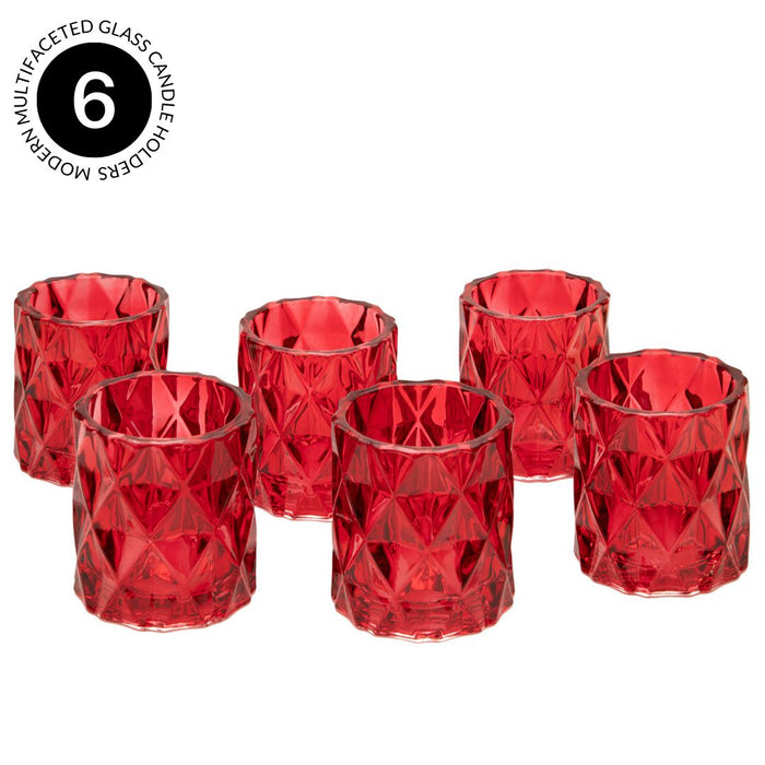 Set of 6 Modern Multifaceted Glass Candle Holders-Set of 6-Koyal Wholesale-Red-