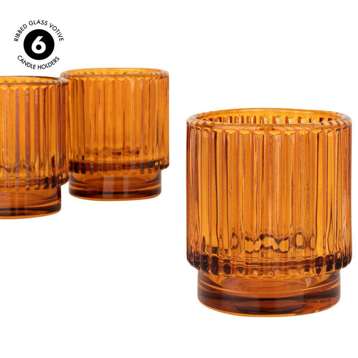 Set of 6 Ribbed Glass Votive Candle Holders - Aesthetic Decor & Candle Holders for Table Centerpiece-Set of 6-Koyal Wholesale-Burgundy-