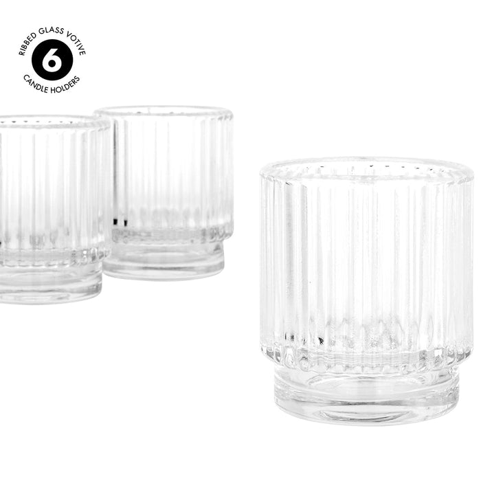 Set of 6 Ribbed Glass Votive Candle Holders - Aesthetic Decor & Candle Holders for Table Centerpiece-Set of 6-Koyal Wholesale-Clear-