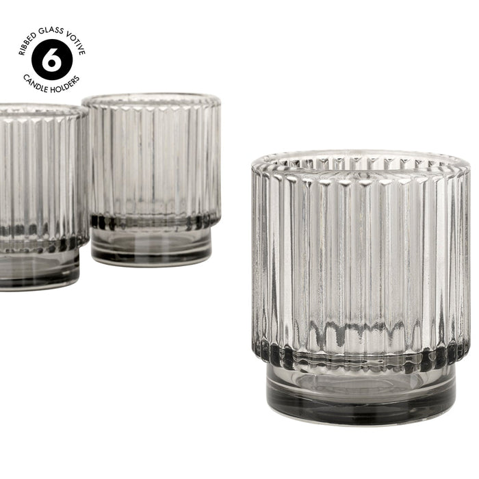 Set of 6 Ribbed Glass Votive Candle Holders - Aesthetic Decor & Candle Holders for Table Centerpiece-Set of 6-Koyal Wholesale-Burgundy-