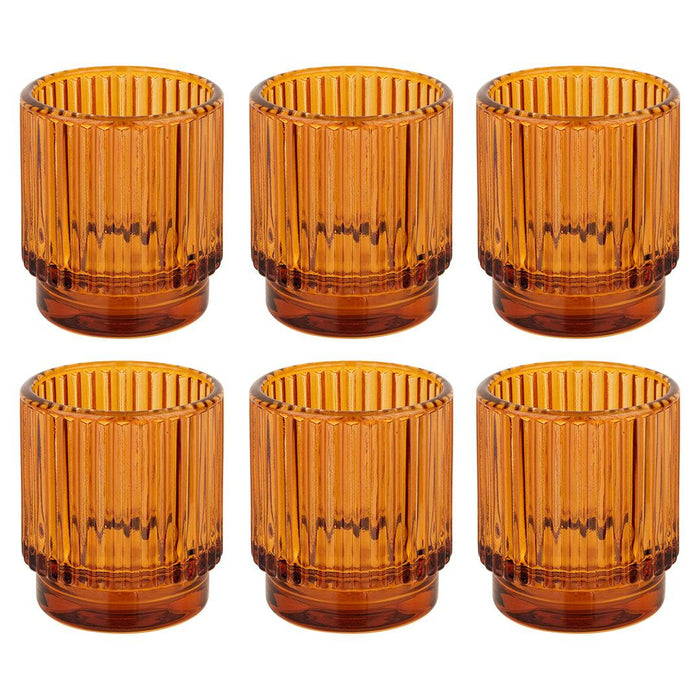 Set of 6 Ribbed Glass Votive Candle Holders - Aesthetic Decor & Candle Holders for Table Centerpiece-Set of 6-Koyal Wholesale-Amber-