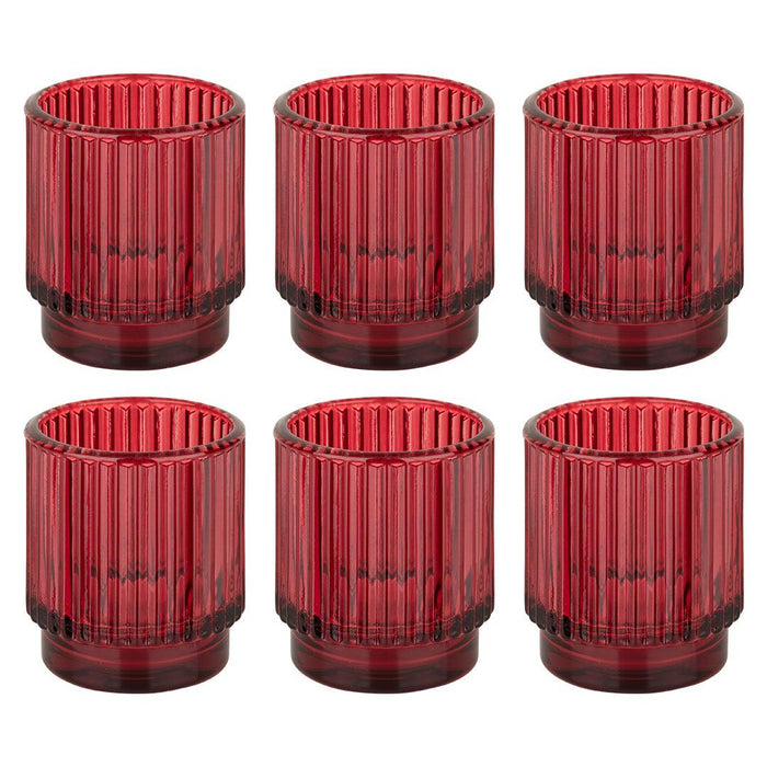 Set of 6 Ribbed Glass Votive Candle Holders - Aesthetic Decor & Candle Holders for Table Centerpiece-Set of 6-Koyal Wholesale-Burgundy-