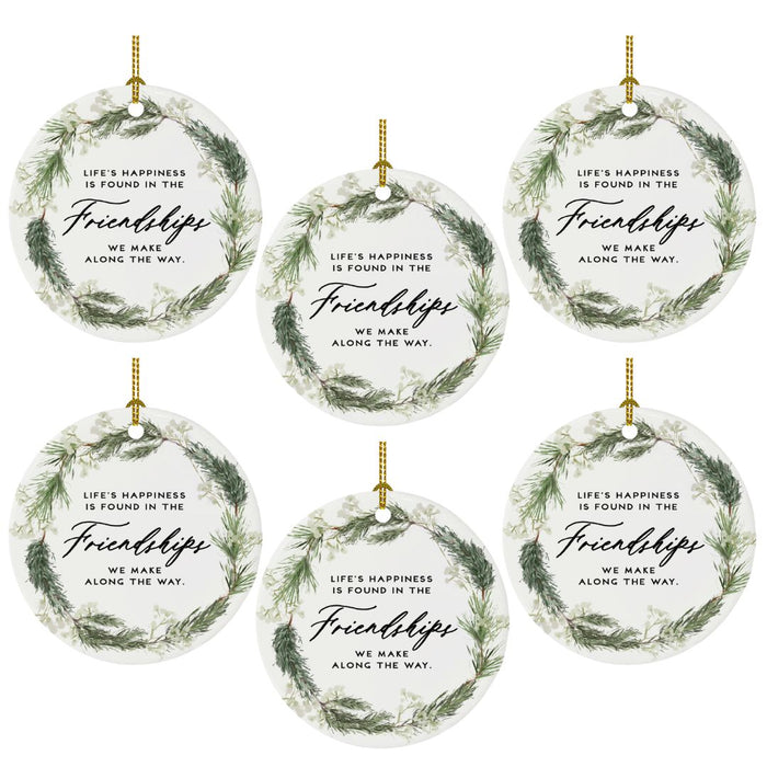 Set of 6 Round Porcelain Bulk Pack Christmas Tree Ornament Keepsake Gift-Set of 6-Andaz Press-Pine Wreath- Friendships-