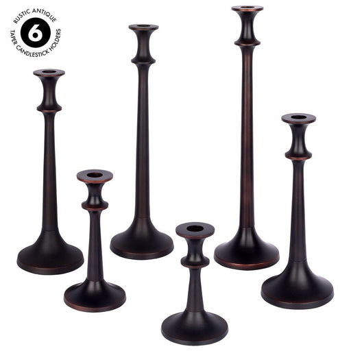 Set of 6 Rustic Antique Taper Candlestick Holders Assorted Candle Holders for Centerpieces-Set of 6-Koyal Wholesale-Bronze-