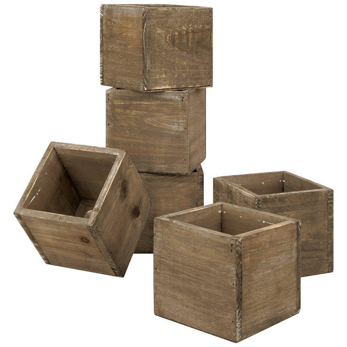 Set of 6 Shabby Brown Square Cube Wood Vase-Set of 6-Koyal Wholesale-4" x 4"-