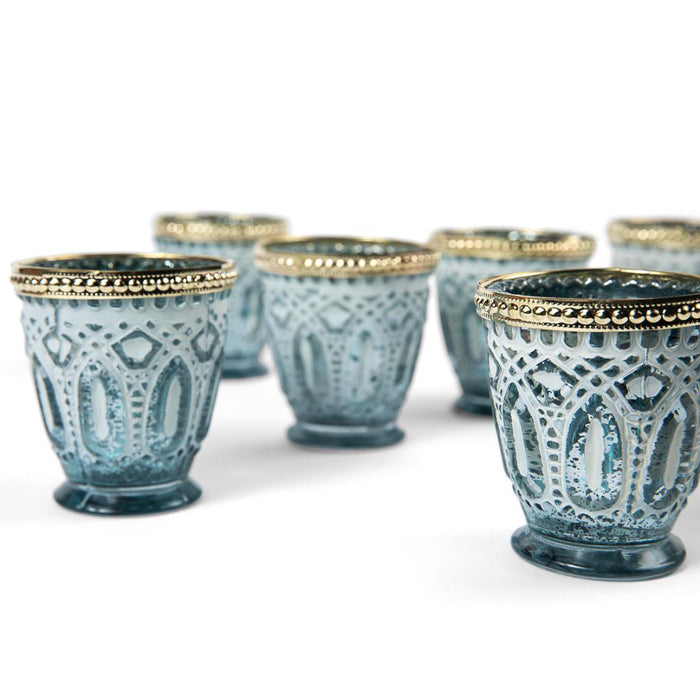 Set of 6 Shabby Chic Glass Vintage Votive Candle Holders Bulk Pack-Koyal Wholesale-Frosted Blue-Set of 1 (6 PC)-