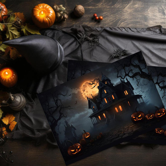 Set of 8 Halloween Disposable Cardstock Paper Placemats for Dining and Decor-Set of 8-Andaz Press-Moonlit Haunted Manor-