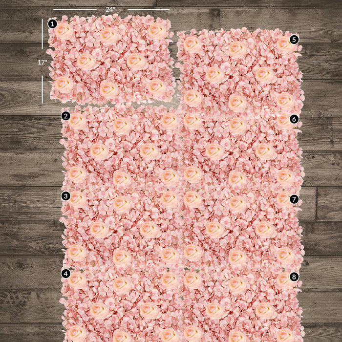 Set of 8 Silk Artificial Hydrangea and Rose Flower Wall Panels-Set of 8-Koyal Wholesale-Pink-24" x 17" x 2.5" H-