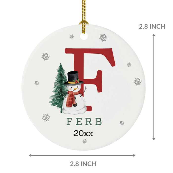 Snowman Round Porcelain Christmas Ornament Bulk Pack, Monogram with Custom Name, Bulk Pack-Set of 6-Andaz Press-Monogram F-