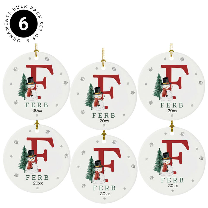 Snowman Round Porcelain Christmas Ornament Bulk Pack, Monogram with Custom Name, Bulk Pack-Set of 6-Andaz Press-Monogram F-