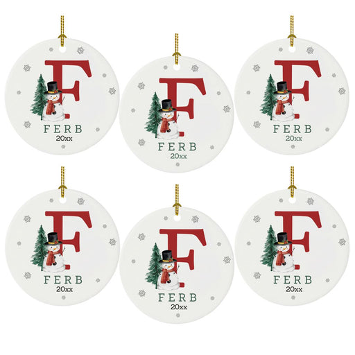 Snowman Round Porcelain Christmas Ornament Bulk Pack, Monogram with Custom Name, Bulk Pack-Set of 6-Andaz Press-Monogram F-