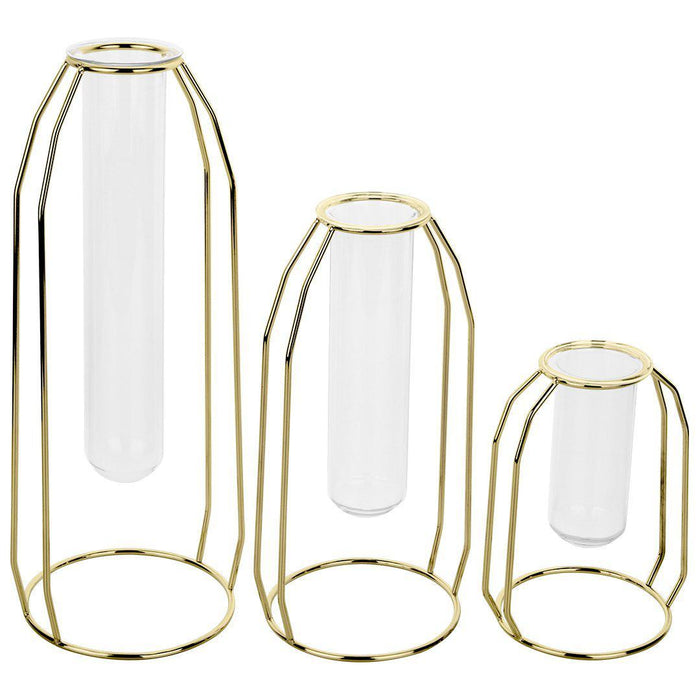 3 Piece Modern Metal Glass Test Tube Bud Vases-Set of 3-Koyal Wholesale-Gold-