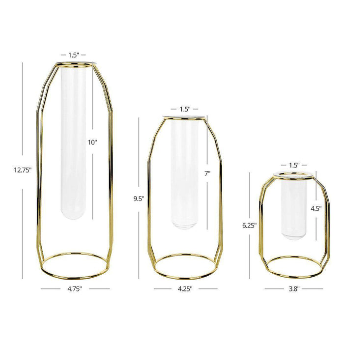 3 Piece Modern Metal Glass Test Tube Bud Vases-Set of 3-Koyal Wholesale-Gold-