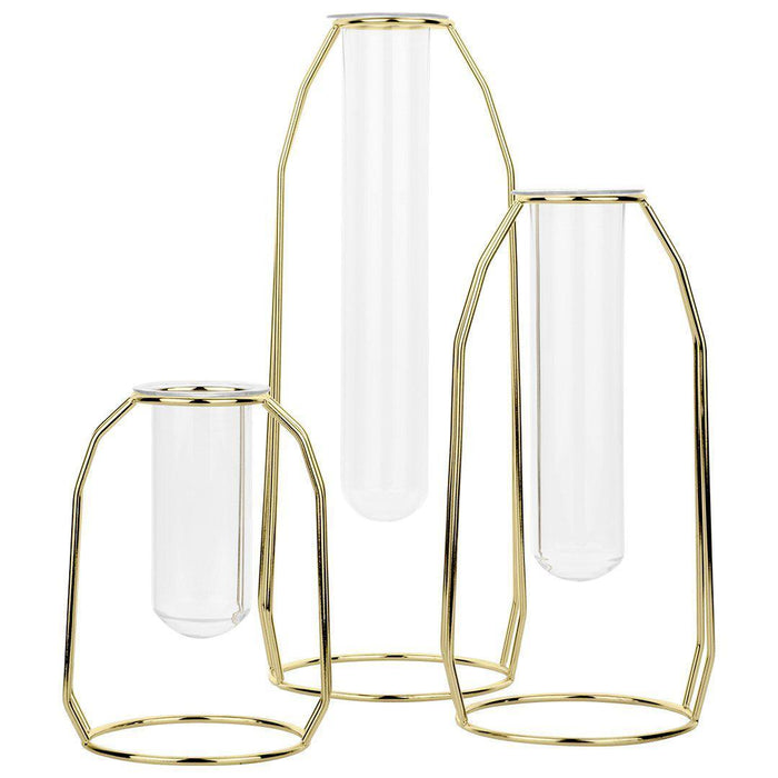 3 Piece Modern Metal Glass Test Tube Bud Vases-Set of 3-Koyal Wholesale-Gold-