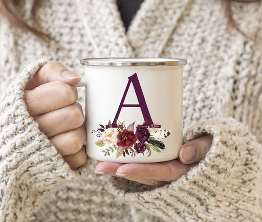 Andaz Press 11oz Bohemian Fall Autumn Burgundy Marsala Floral Flower and Feathers Arrangement Monogram Campfire Coffee Mug-Set of 1-Andaz Press-A-