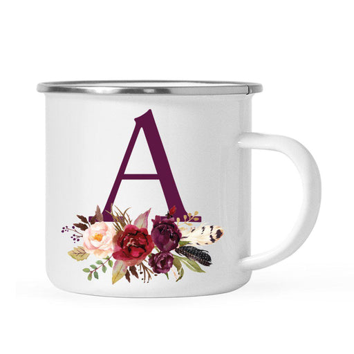 Andaz Press 11oz Bohemian Fall Autumn Burgundy Marsala Floral Flower and Feathers Arrangement Monogram Campfire Coffee Mug-Set of 1-Andaz Press-A-